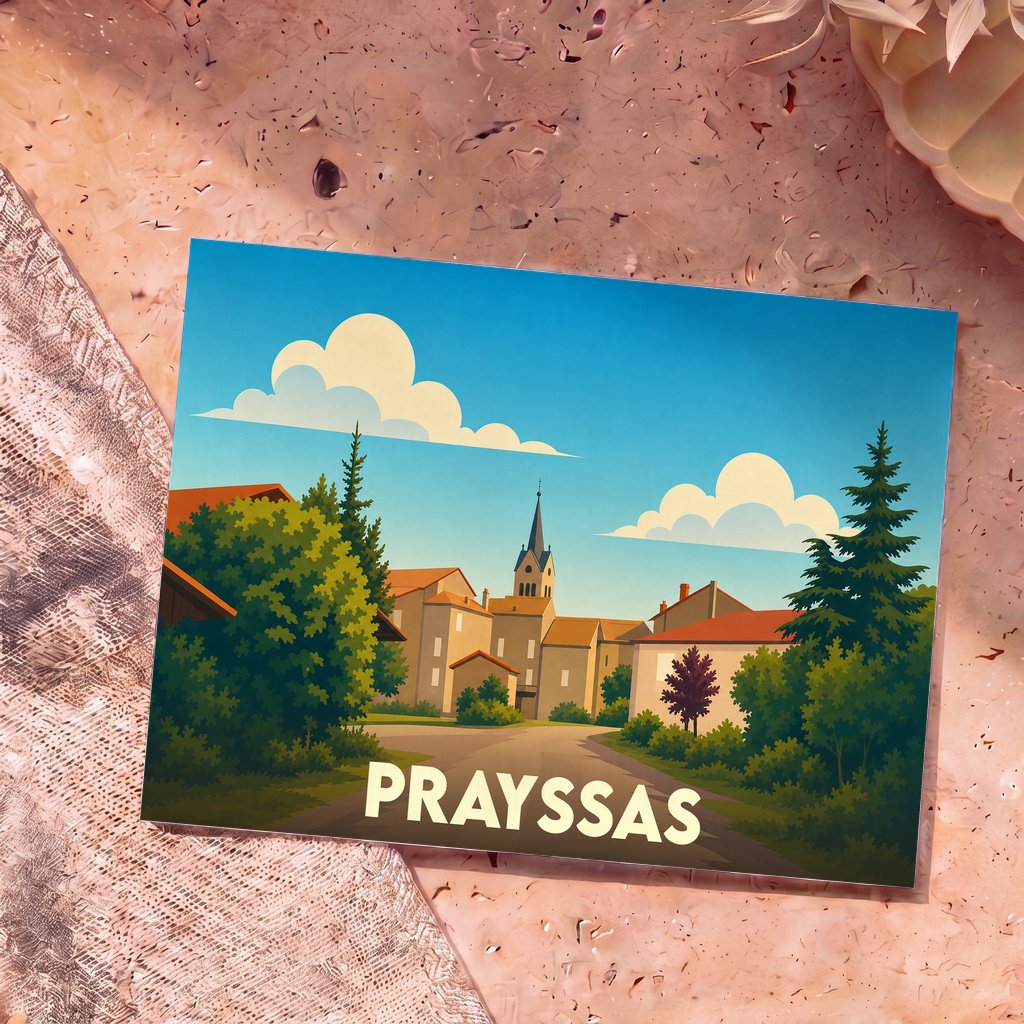 Carte postale souvenir de la ville de Prayssas arborant une illustration stylisée et colorée du village.
