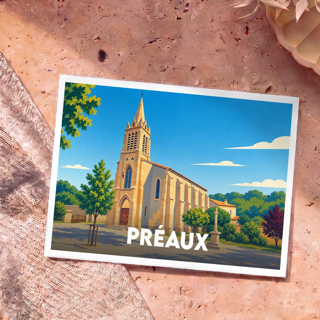 Carte postale souvenir de la ville de Préaux avec une illustration stylisée de son église.