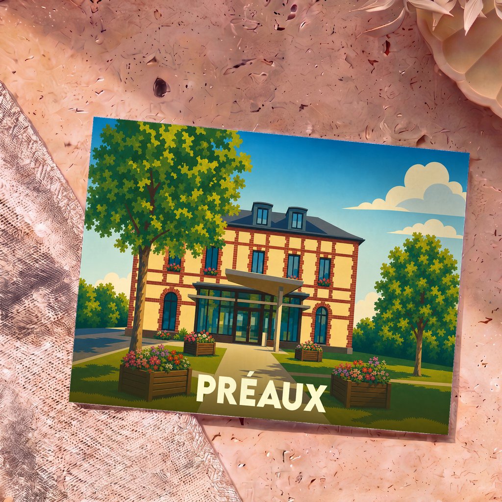Carte postale souvenir de la ville de Préaux illustrant une grande demeure fleurie au style graphique épuré.