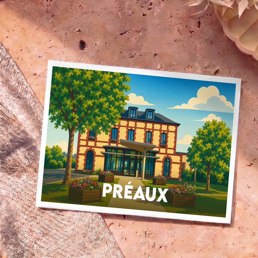 Carte postale souvenir de la ville de Préaux illustrant une grande demeure fleurie au style graphique épuré.