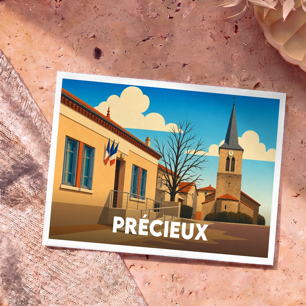 Carte postale souvenir de la ville de Précieux avec une illustration stylisée de sa mairie et de son église.