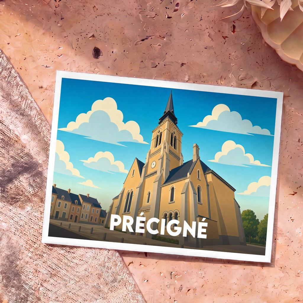 Carte postale souvenir de la ville de Précigné avec une illustration stylisée de son église sous un ciel nuageux.