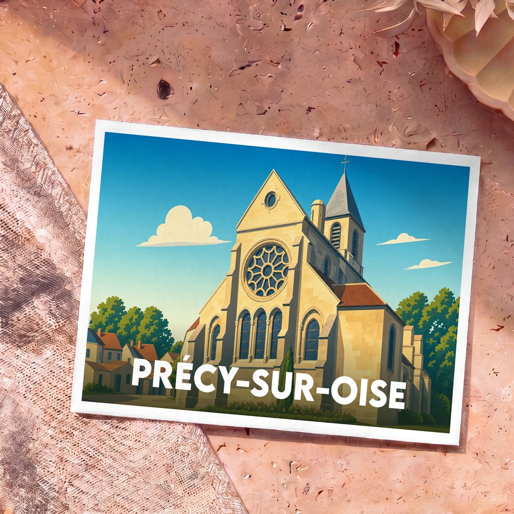 Carte postale souvenir de la ville de Précy-sur-Oise illustrant son église dans un style graphique épuré.