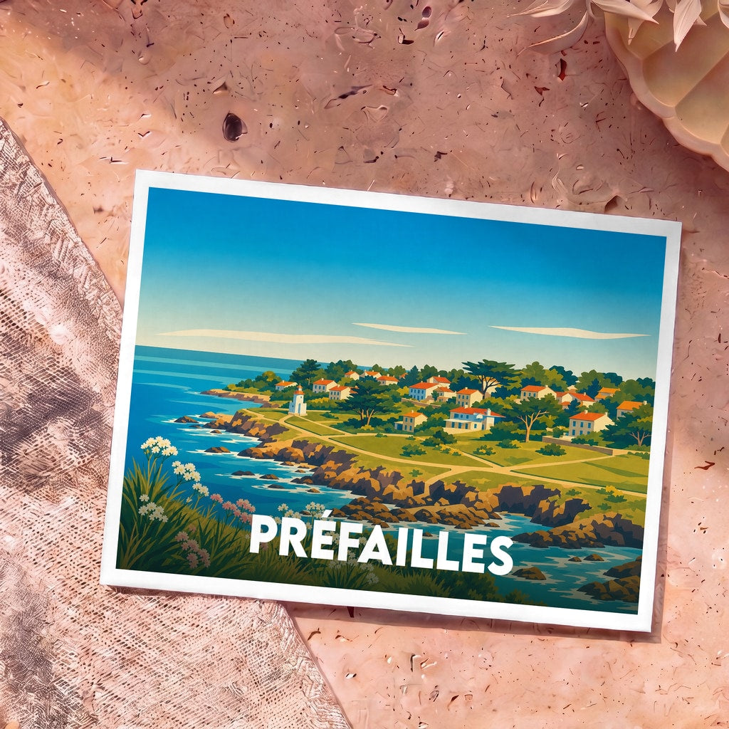 Carte postale souvenir de la ville de Préfailles avec une illustration stylisée de son littoral.