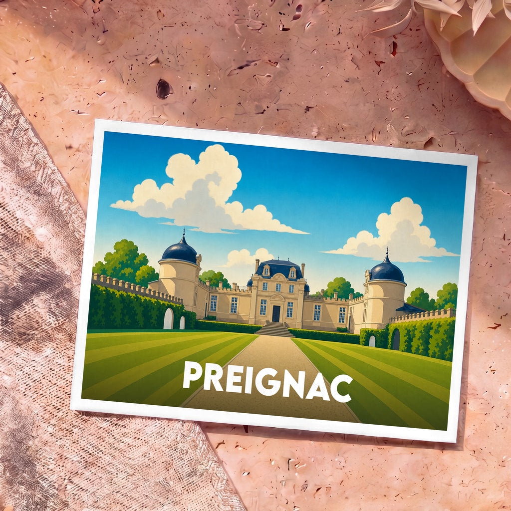 Carte postale souvenir de la ville de Preignac représentant une illustration stylisée d'un château sous un ciel nuageux.