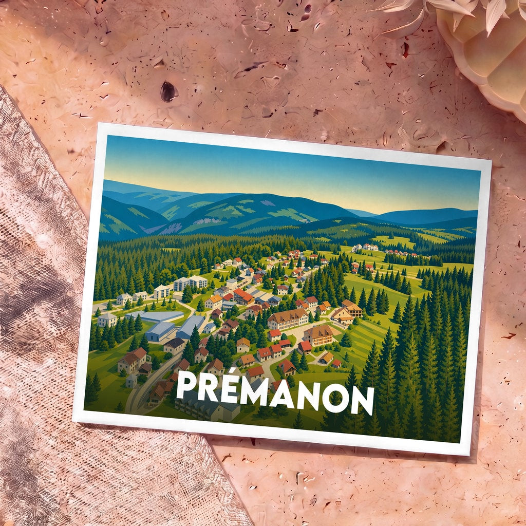 Carte postale souvenir de la ville de Prémanon avec une illustration stylisée de ses paysages montagneux.