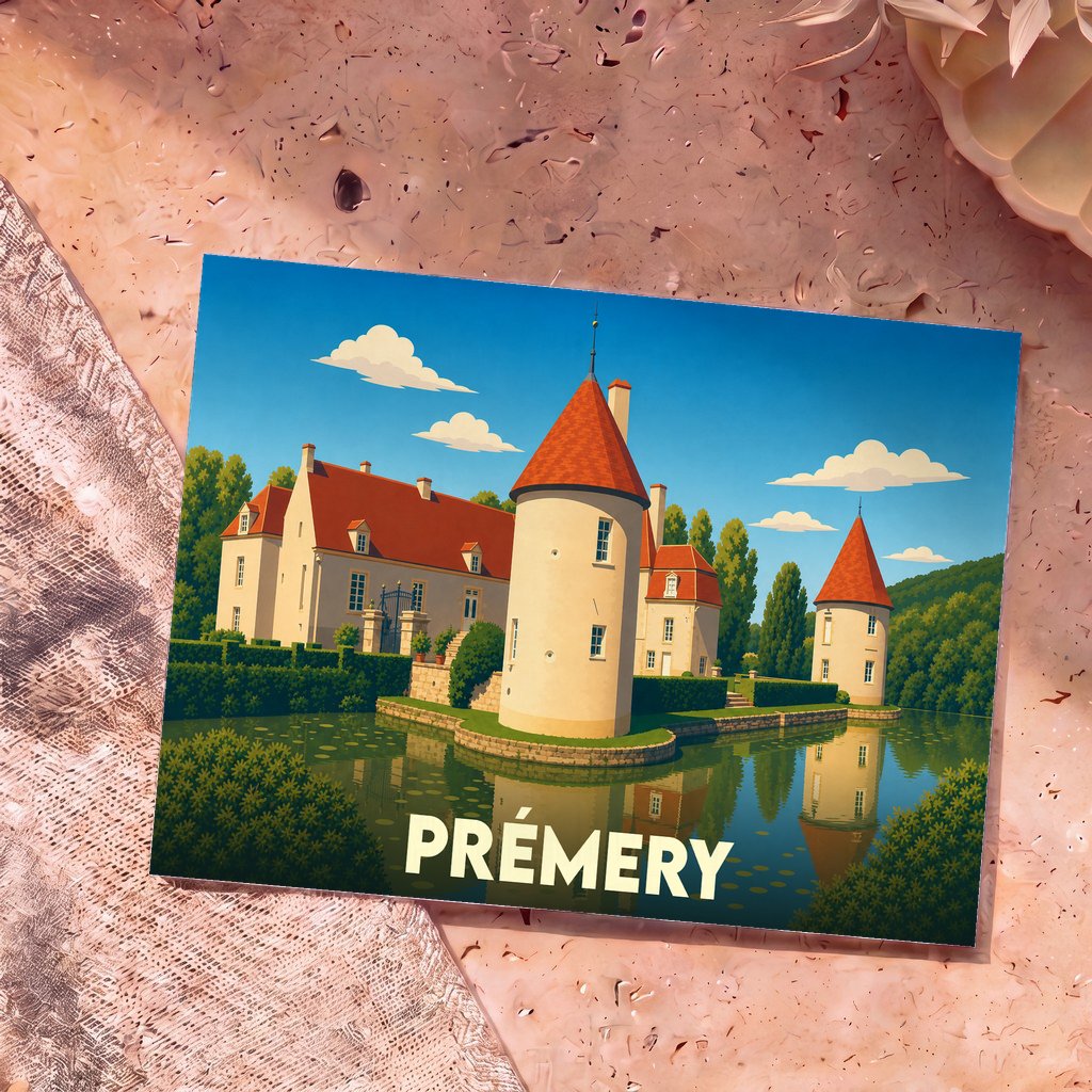 Carte postale souvenir de la ville de Prémery illustrant son château entouré d'eau dans un style graphique épuré.