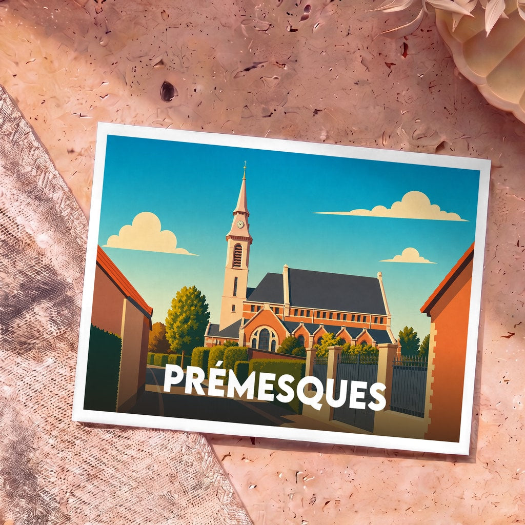 Carte postale souvenir de la ville de Prémesques illustrant l'église locale dans un style graphique épuré.