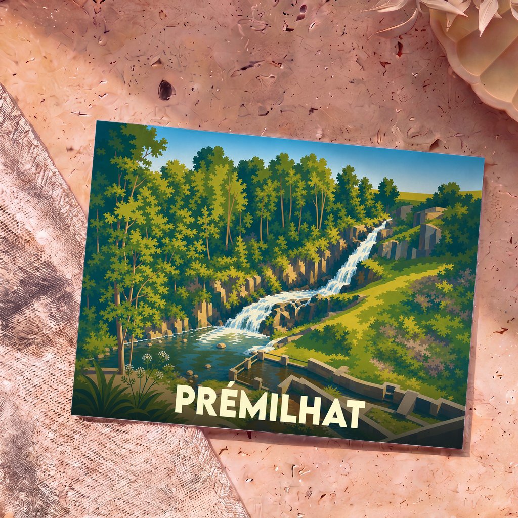 Carte postale souvenir de la ville de Prémilhat avec une illustration stylisée représentant une cascade en forêt.