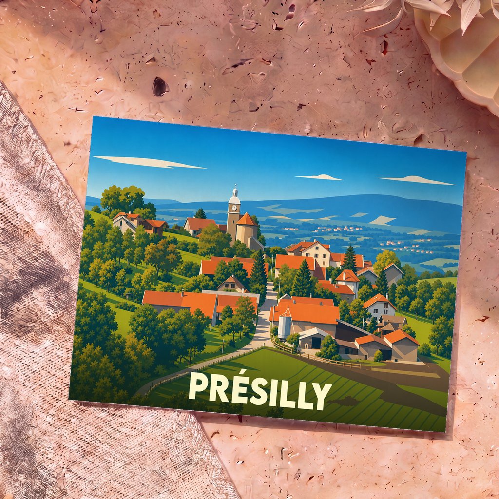 Carte postale souvenir de la ville de Présilly avec une illustration stylisée et colorée du village.