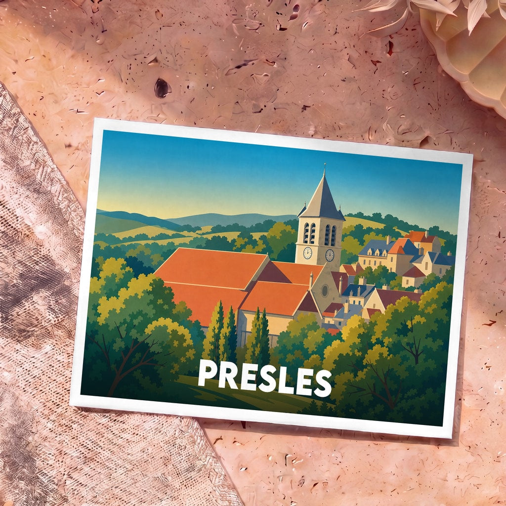 Carte postale souvenir de la ville de Presles arborant une illustration stylisée de son église et de ses paysages vallonnés.