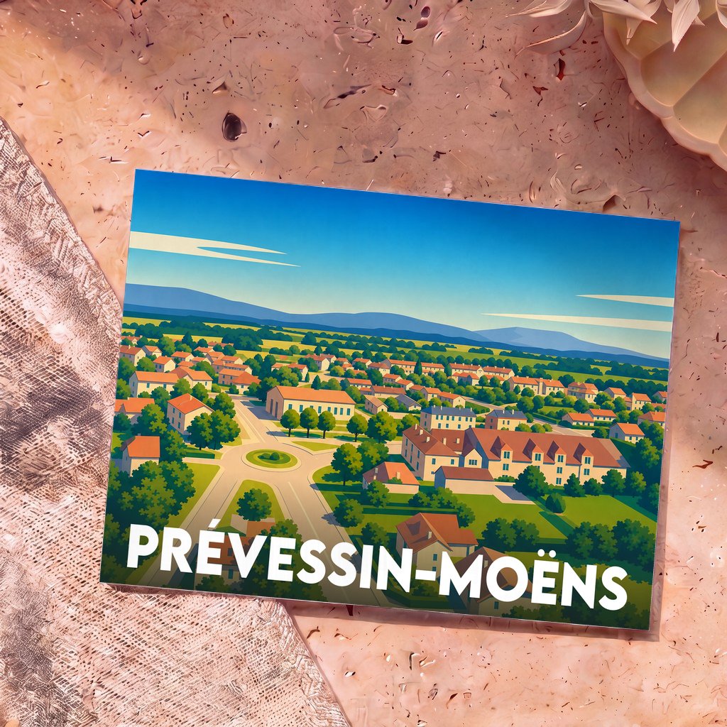 Carte postale souvenir de la ville de Prévessin-Moëns avec une illustration stylisée d'un paysage urbain verdoyant au pied des montagnes.
