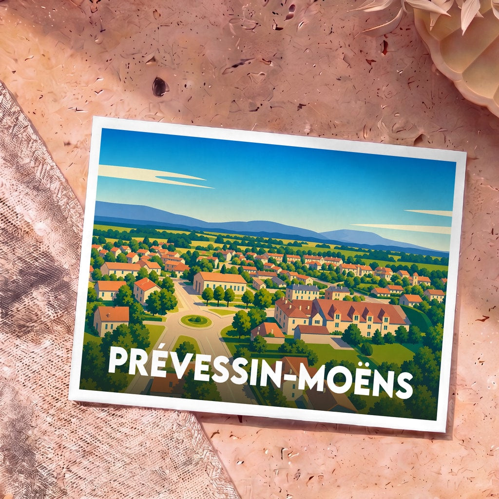 Carte postale souvenir de la ville de Prévessin-Moëns avec une illustration stylisée d'un paysage urbain verdoyant au pied des montagnes.