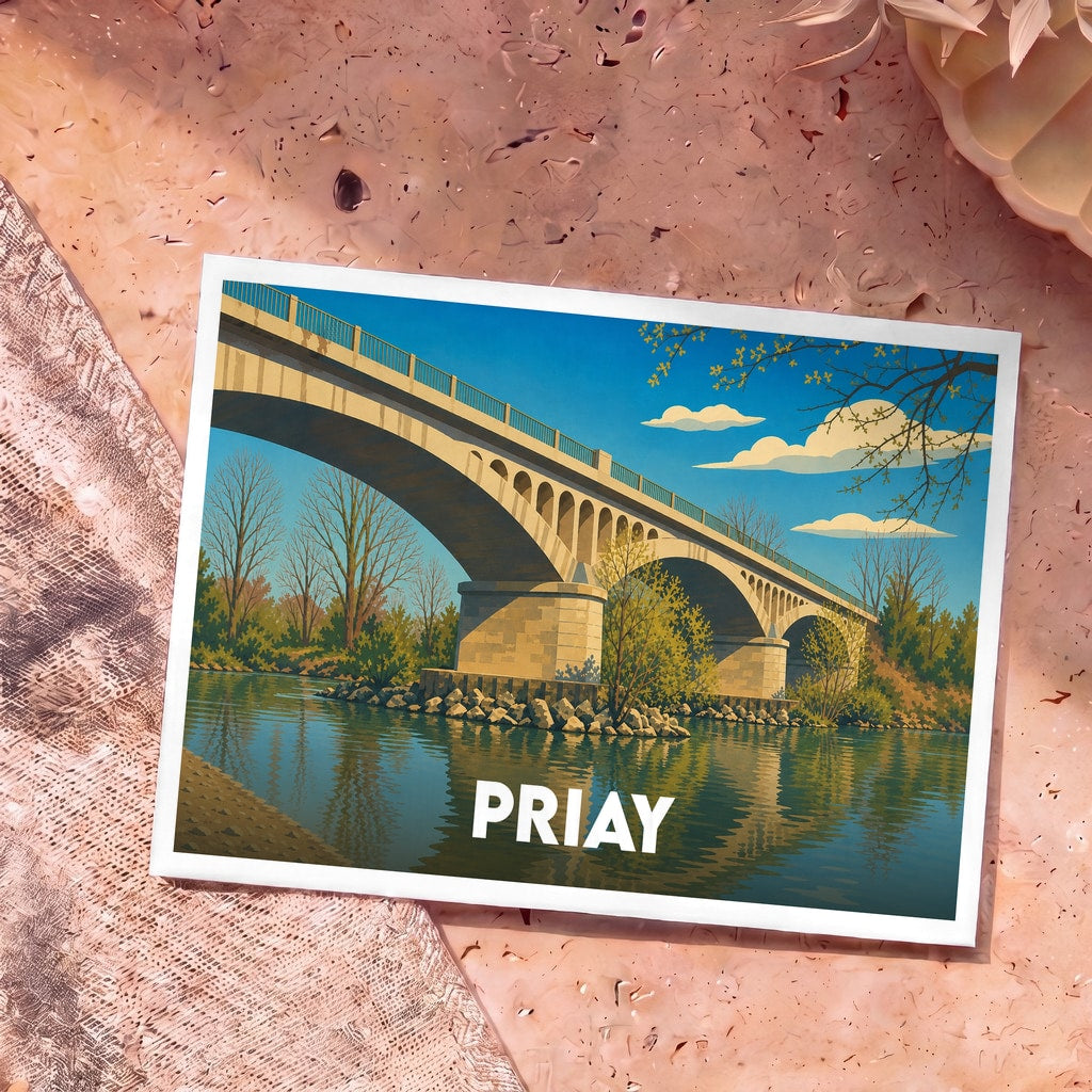 Carte postale souvenir de la ville de Priay avec une illustration stylisée de son pont se reflétant dans l'eau.