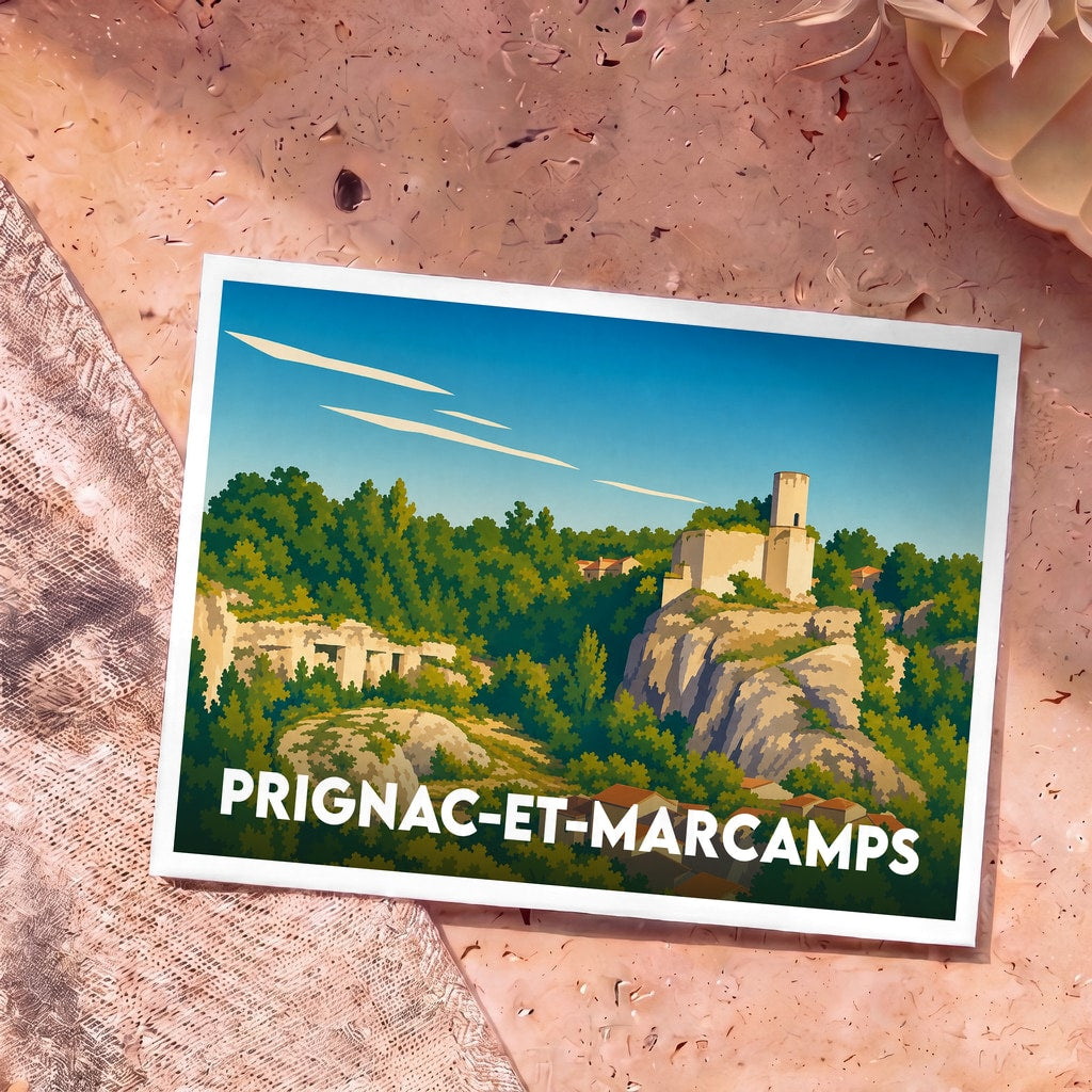 Carte postale souvenir de Prignac-et-Marcamps présentant une illustration stylisée de son paysage vallonné et de ses monuments.