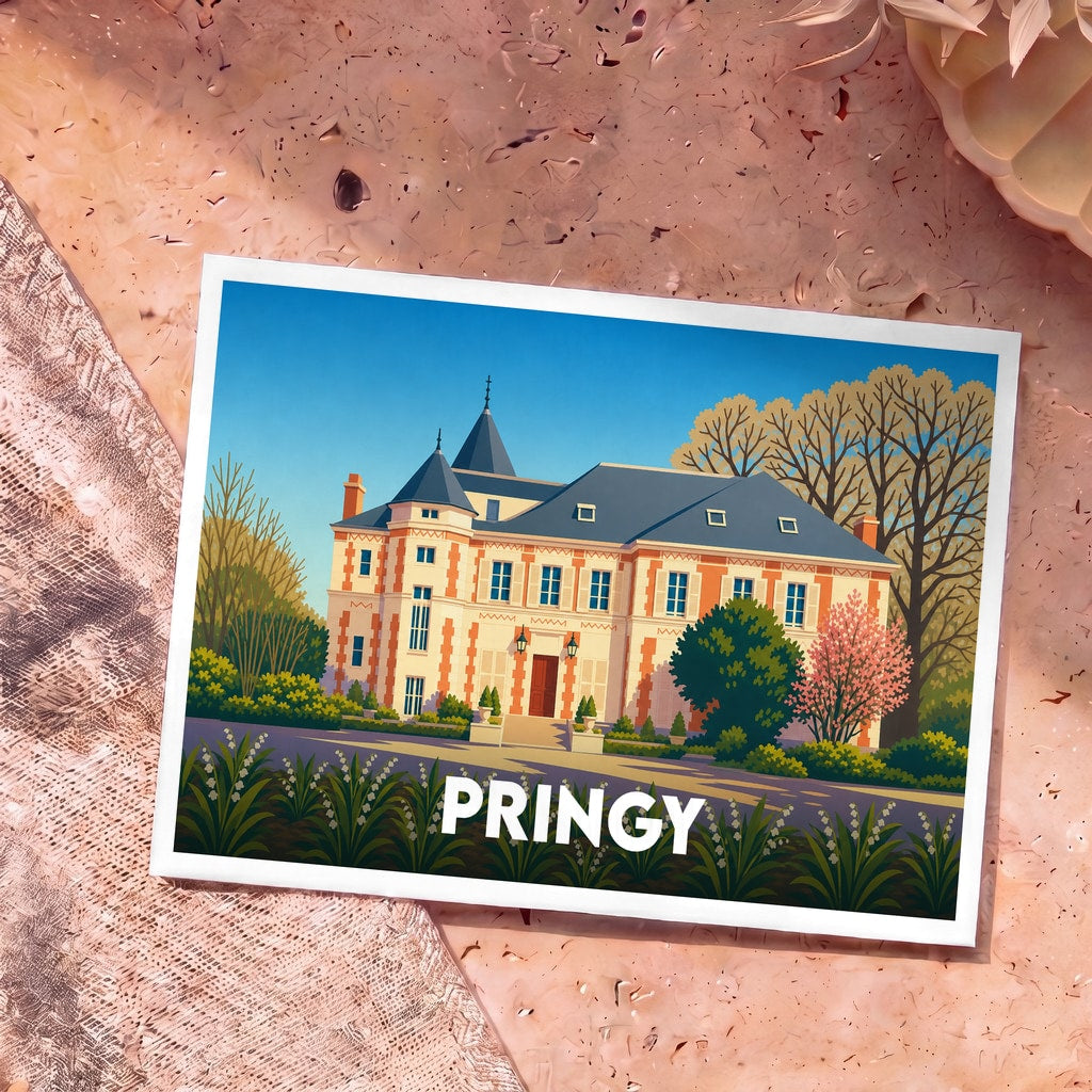 Carte postale souvenir de la ville de Pringy avec une illustration stylisée d'un manoir.