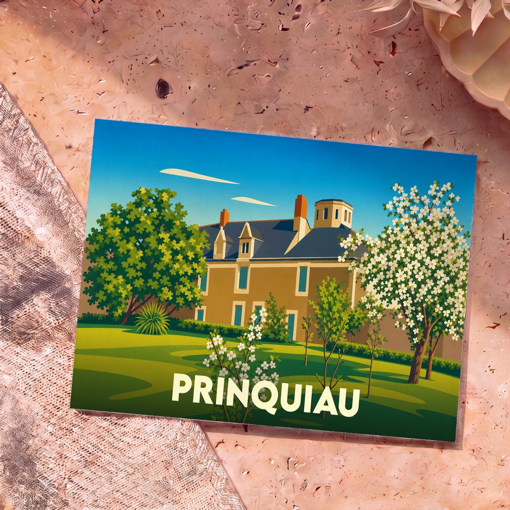 Carte postale souvenir de la ville de Prinquiau arborant une illustration stylisée d'un manoir et de son jardin fleuri.