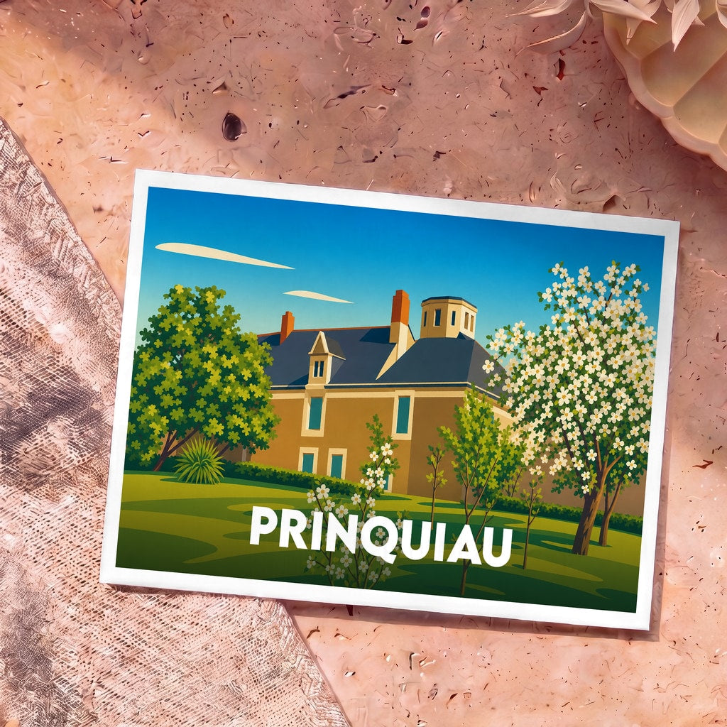 Carte postale souvenir de la ville de Prinquiau arborant une illustration stylisée d'un manoir et de son jardin fleuri.