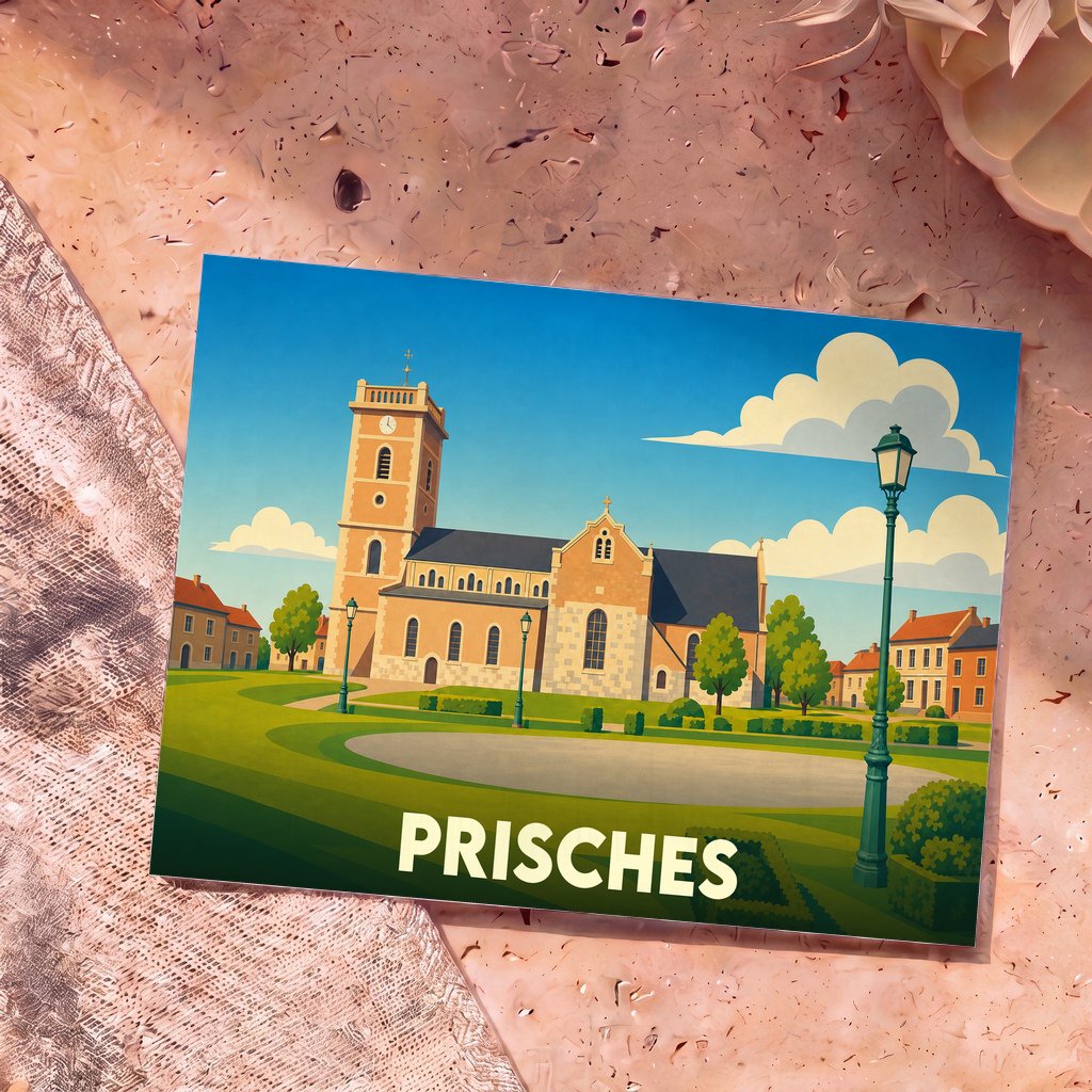 Carte postale souvenir de la ville de Prisches avec une illustration stylisée de son église et de ses espaces verts.