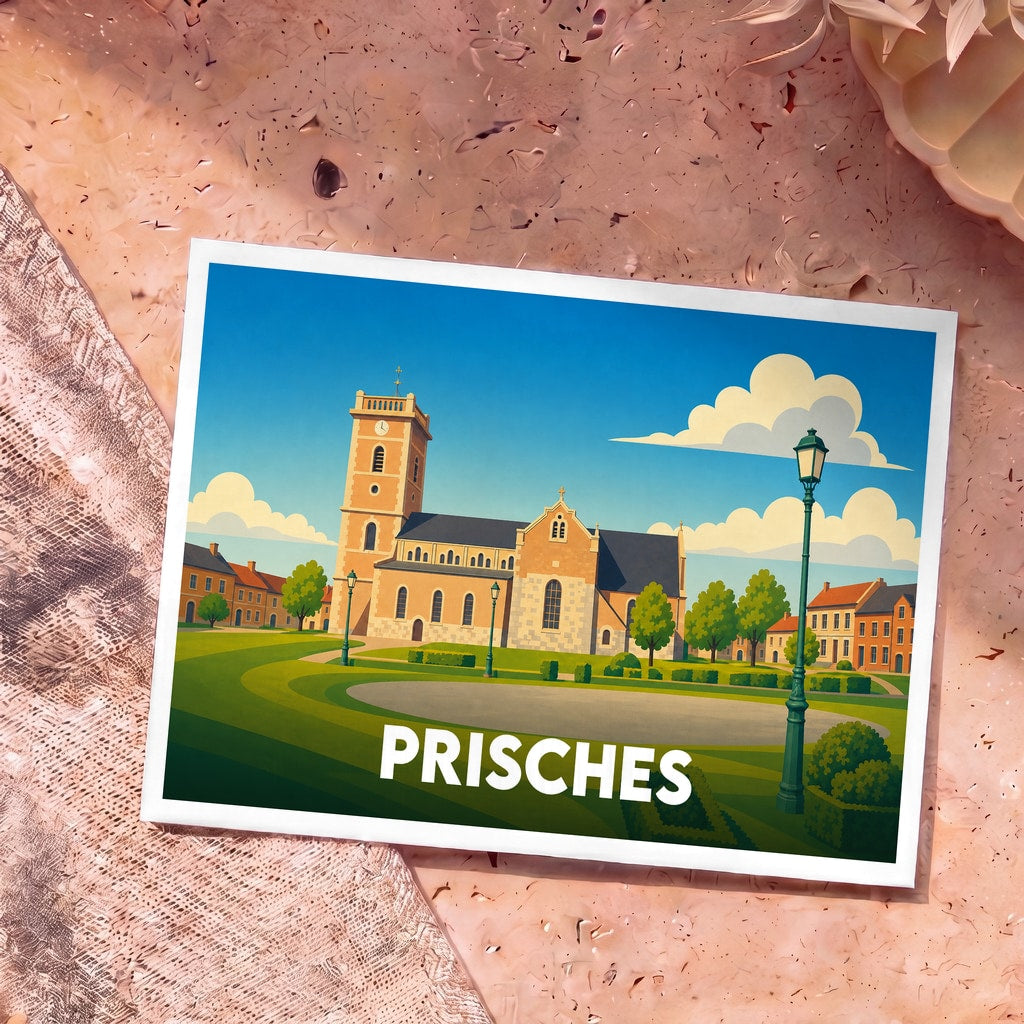 Carte postale souvenir de la ville de Prisches avec une illustration stylisée de son église et de ses espaces verts.