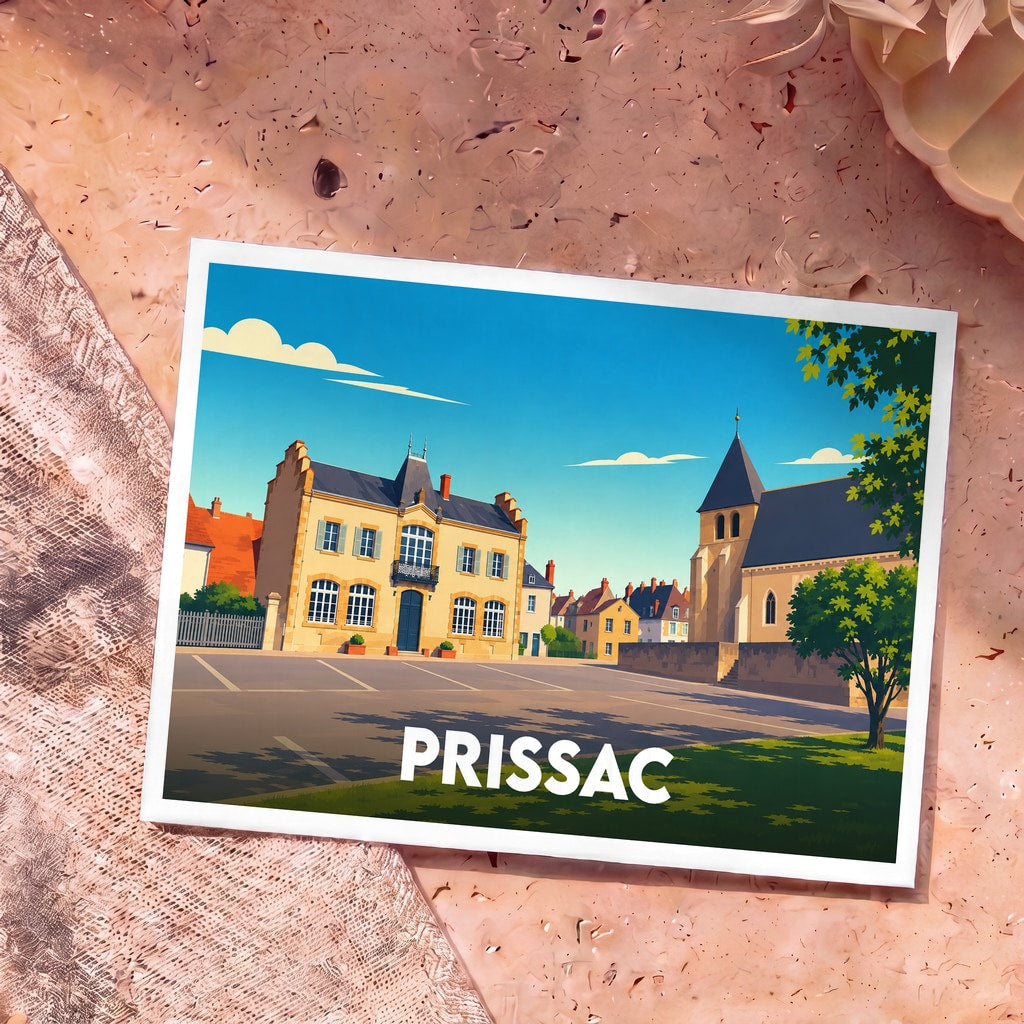 Carte postale souvenir de la ville de Prissac présentant une illustration stylisée de sa place principale.