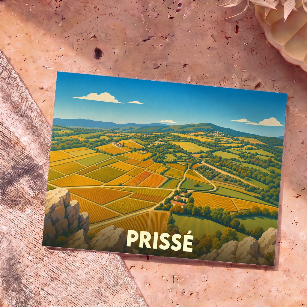 Carte postale souvenir de la ville de Prissé illustrant un paysage panoramique de vignobles et de collines.