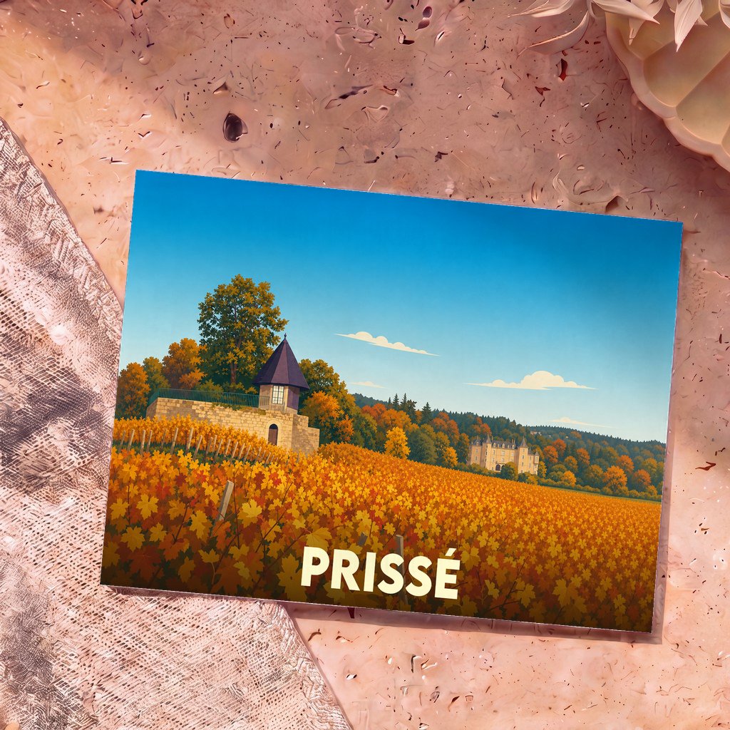 Carte postale souvenir de la ville de Prissé avec une illustration stylisée de son vignoble en automne.