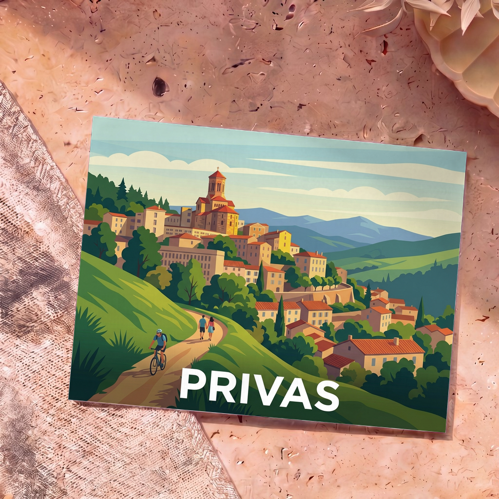 Carte postale souvenir de la ville de Privas avec une illustration stylisée d'un paysage vallonné.