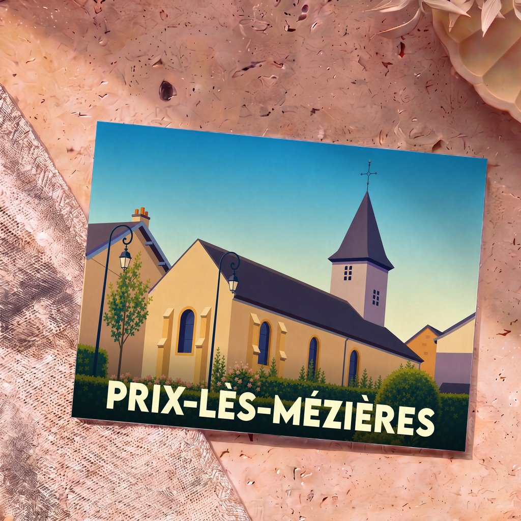 Carte postale souvenir de la ville de Prix-lès-Mézières avec une illustration stylisée de son église.