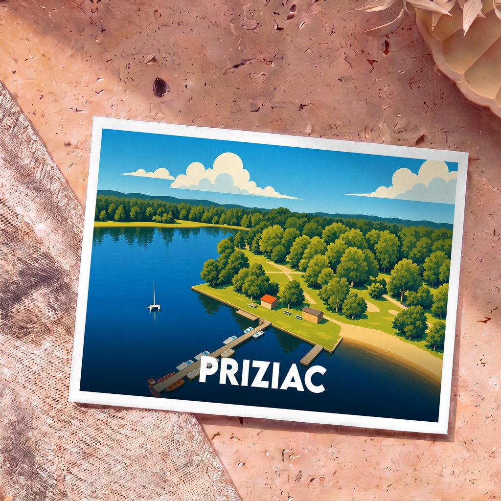 Carte postale souvenir de la ville de Priziac avec une illustration stylisée d'un lac bordé de forêts.