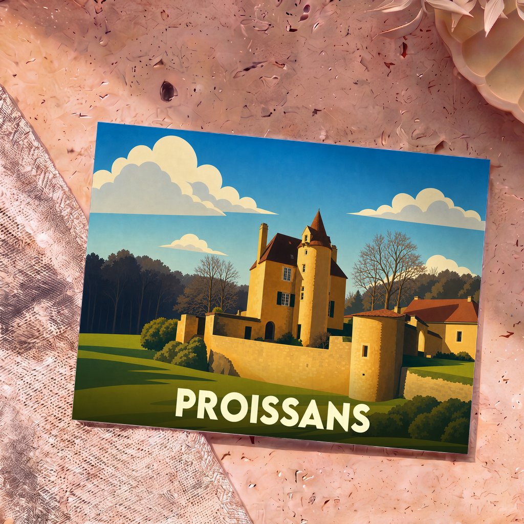 Carte postale souvenir de la ville de Proissans avec une illustration stylisée de son château.