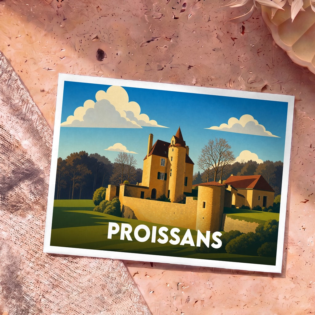 Carte postale souvenir de la ville de Proissans avec une illustration stylisée de son château.