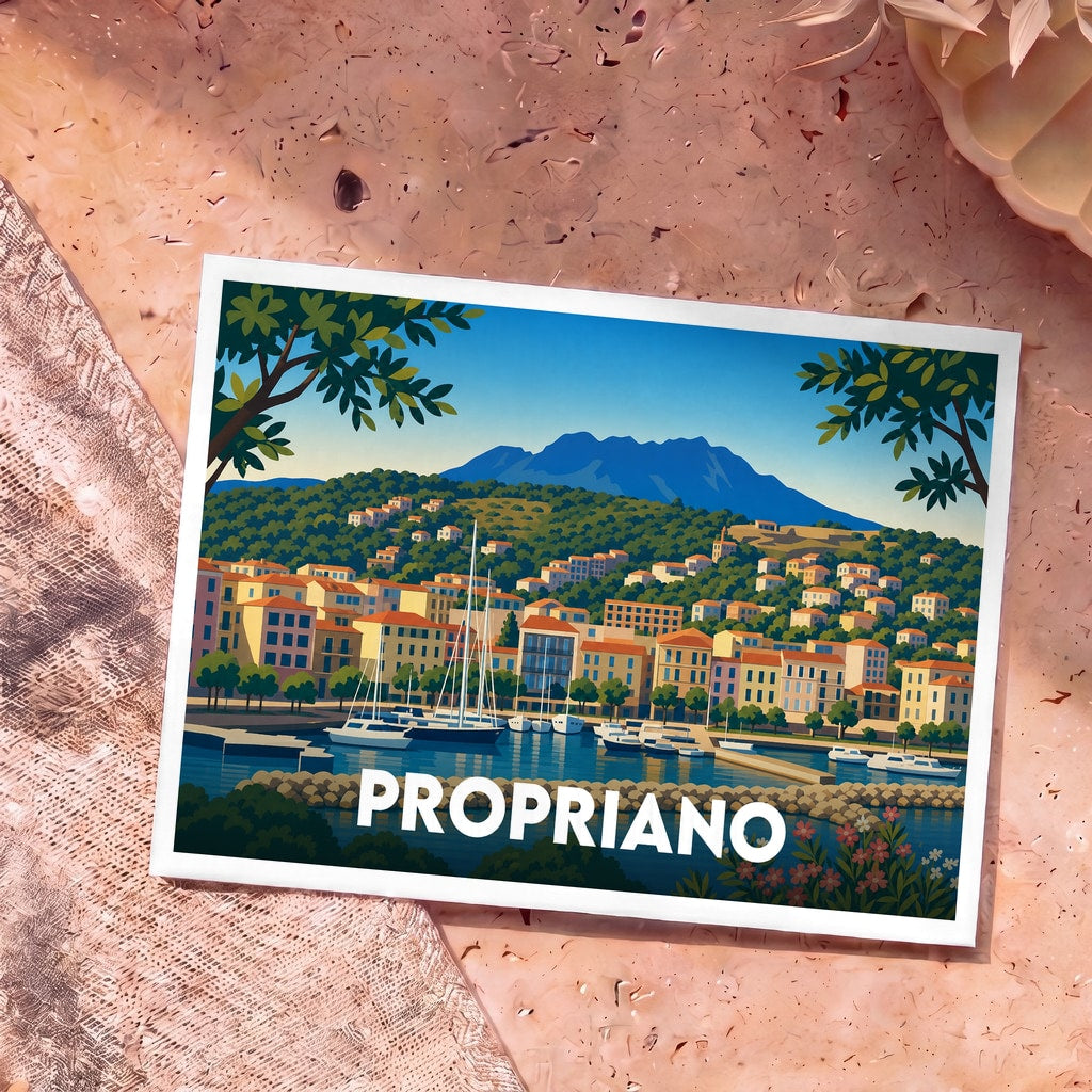 Carte postale souvenir de la ville de Propriano avec une illustration stylisée de son port et de ses montagnes.