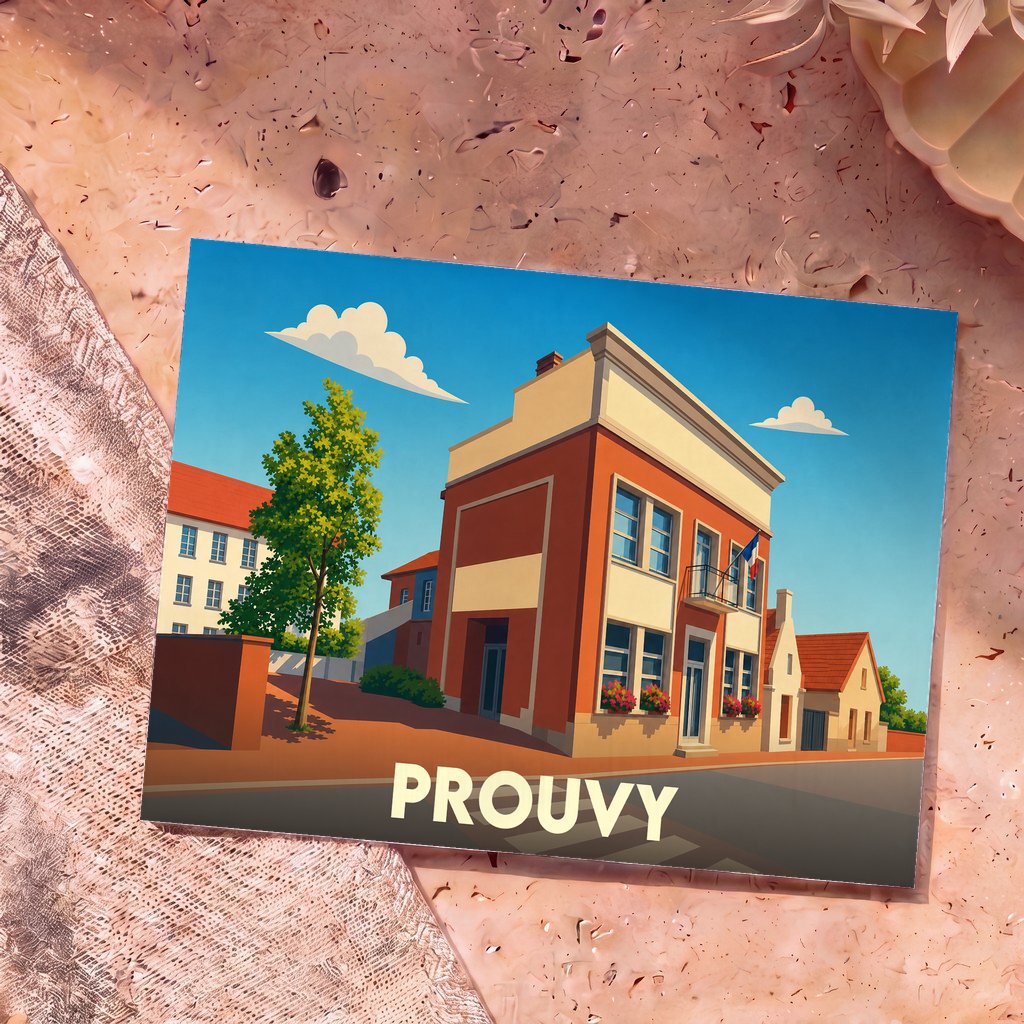 Carte postale souvenir de la ville de Prouvy avec une illustration stylisée de son architecture locale sous un ciel bleu.