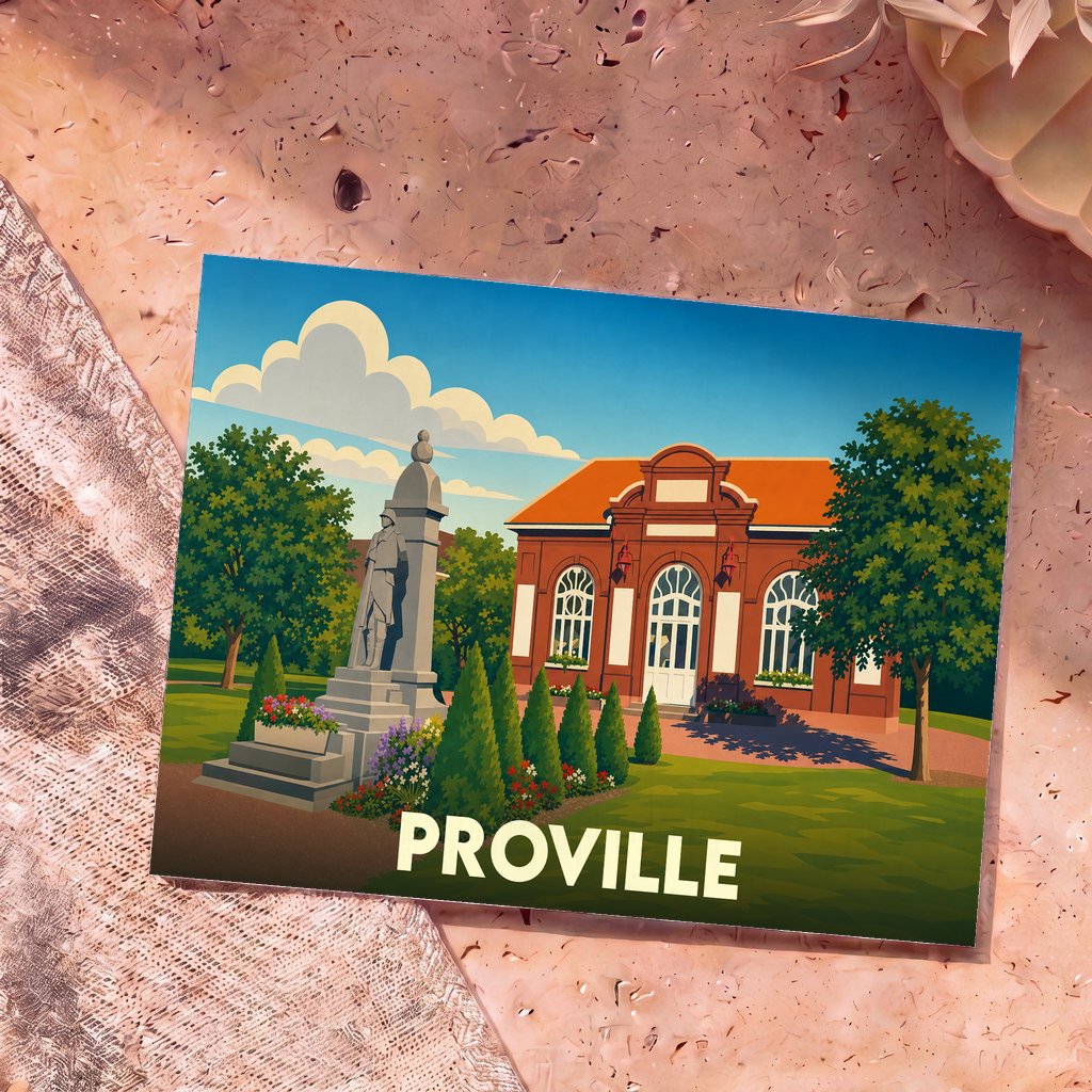 Carte postale souvenir de la ville de Proville illustrant un monument et l'architecture locale dans un style rétro.