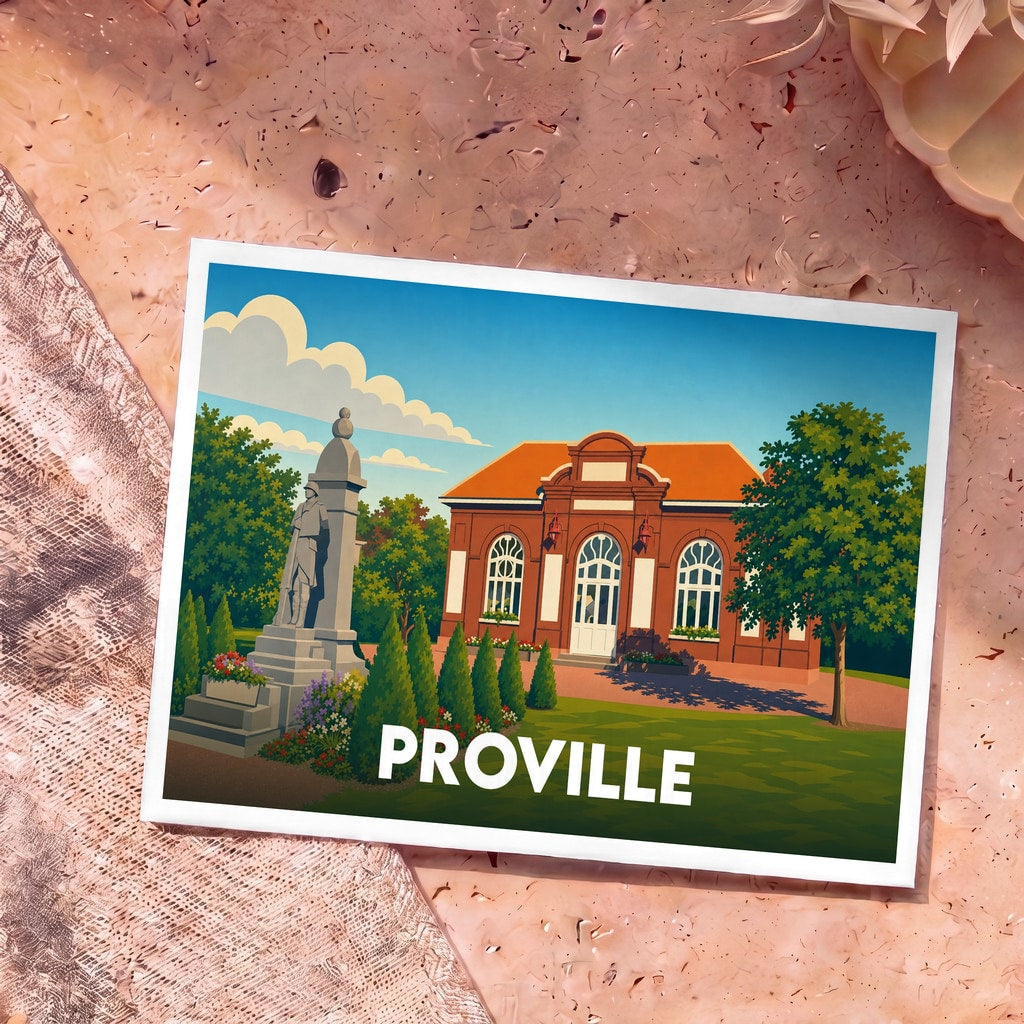 Carte postale souvenir de la ville de Proville illustrant un monument et l'architecture locale dans un style rétro.