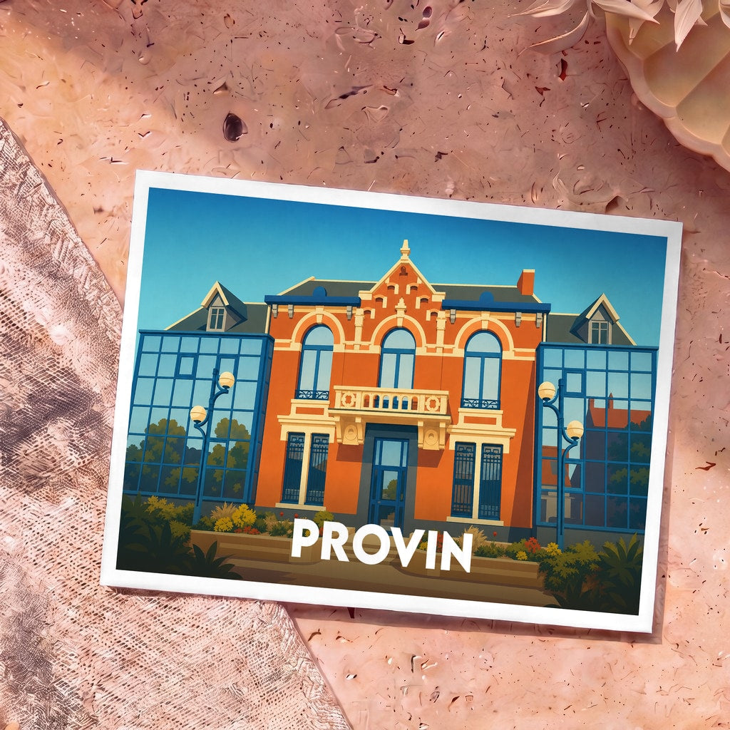 Carte postale souvenir de la ville de Provin avec une illustration stylisée de son hôtel de ville.