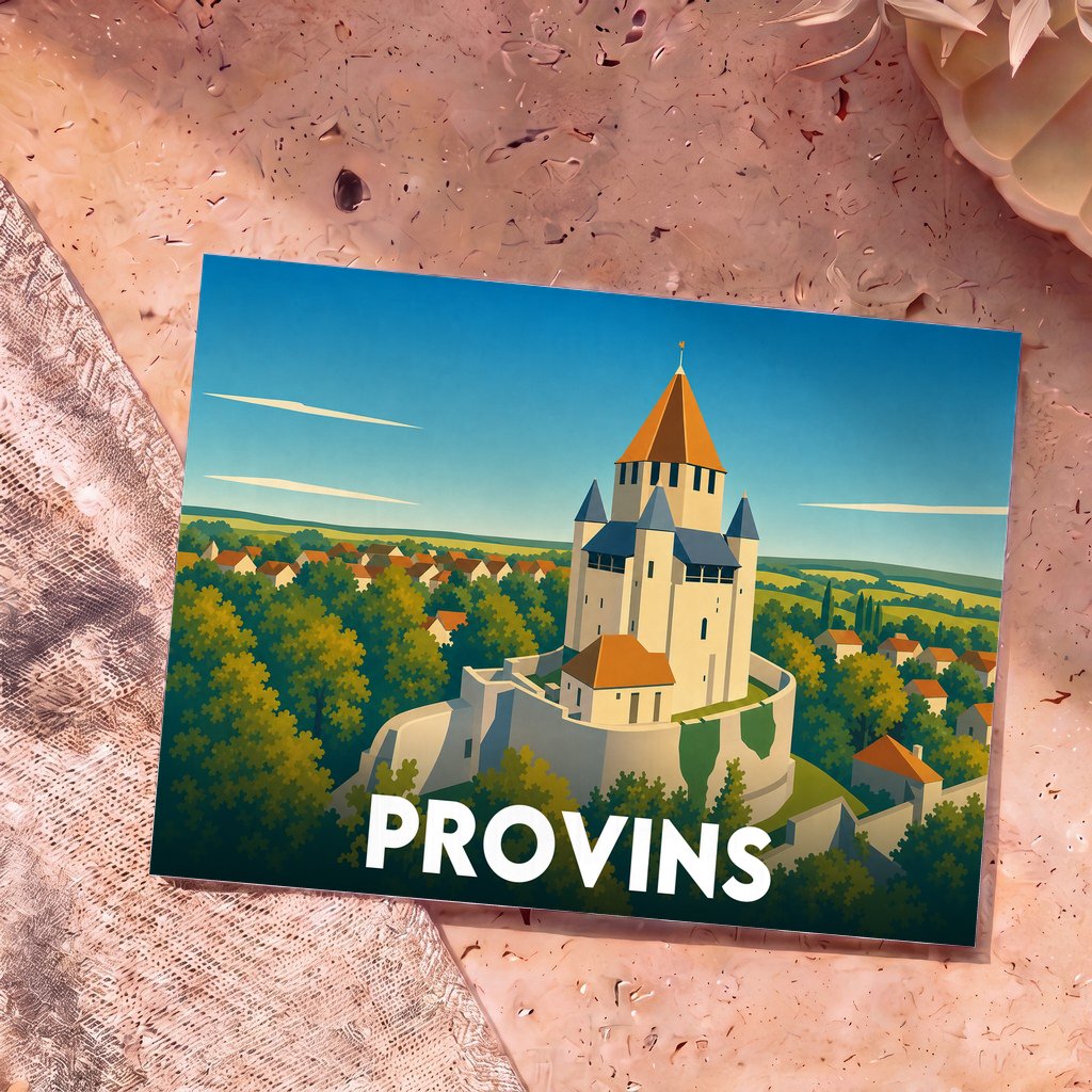 Carte postale souvenir de la ville de Provins illustrant la tour César dans un style graphique épuré.