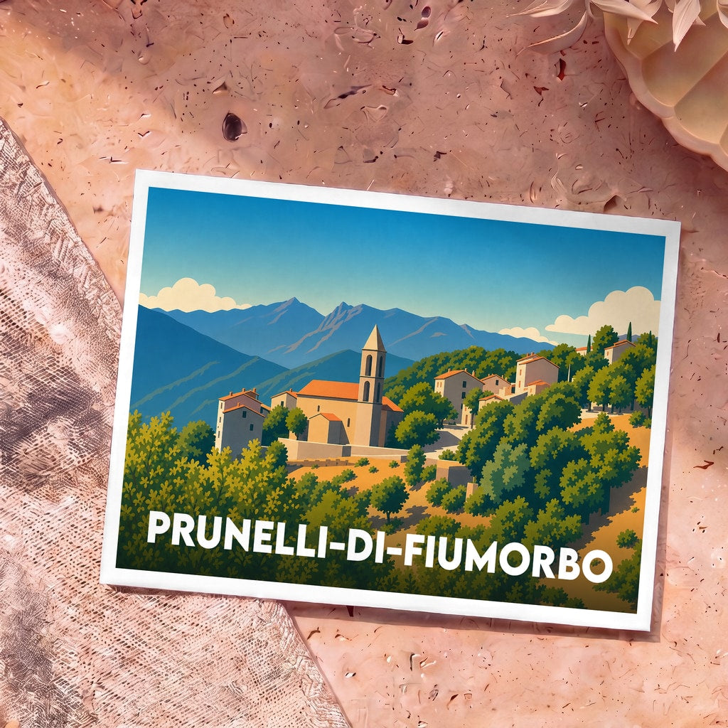 Carte postale souvenir de la ville de Prunelli-di-Fiumorbo avec une illustration stylisée d'un village corse en montagne.
