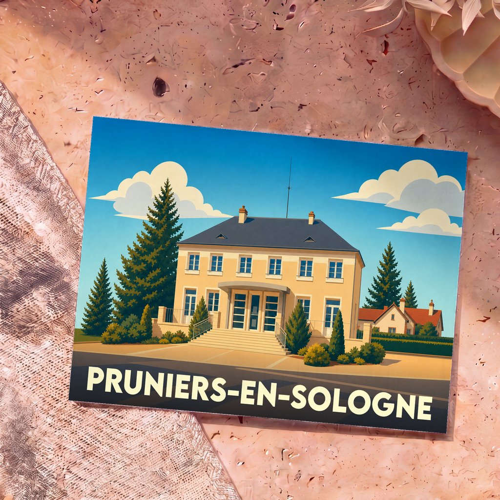 Carte postale souvenir de la ville de Pruniers-en-Sologne avec une illustration stylisée de sa mairie.