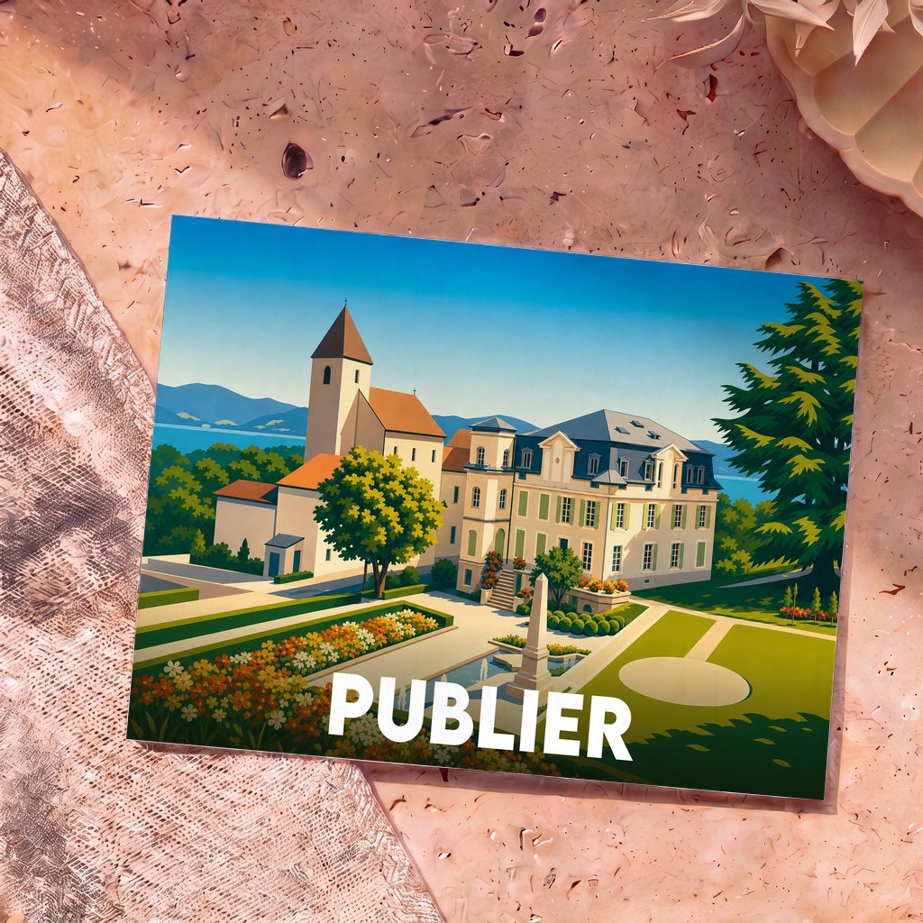 Carte postale souvenir de la ville de Publier avec une illustration stylisée de son patrimoine et de ses jardins.