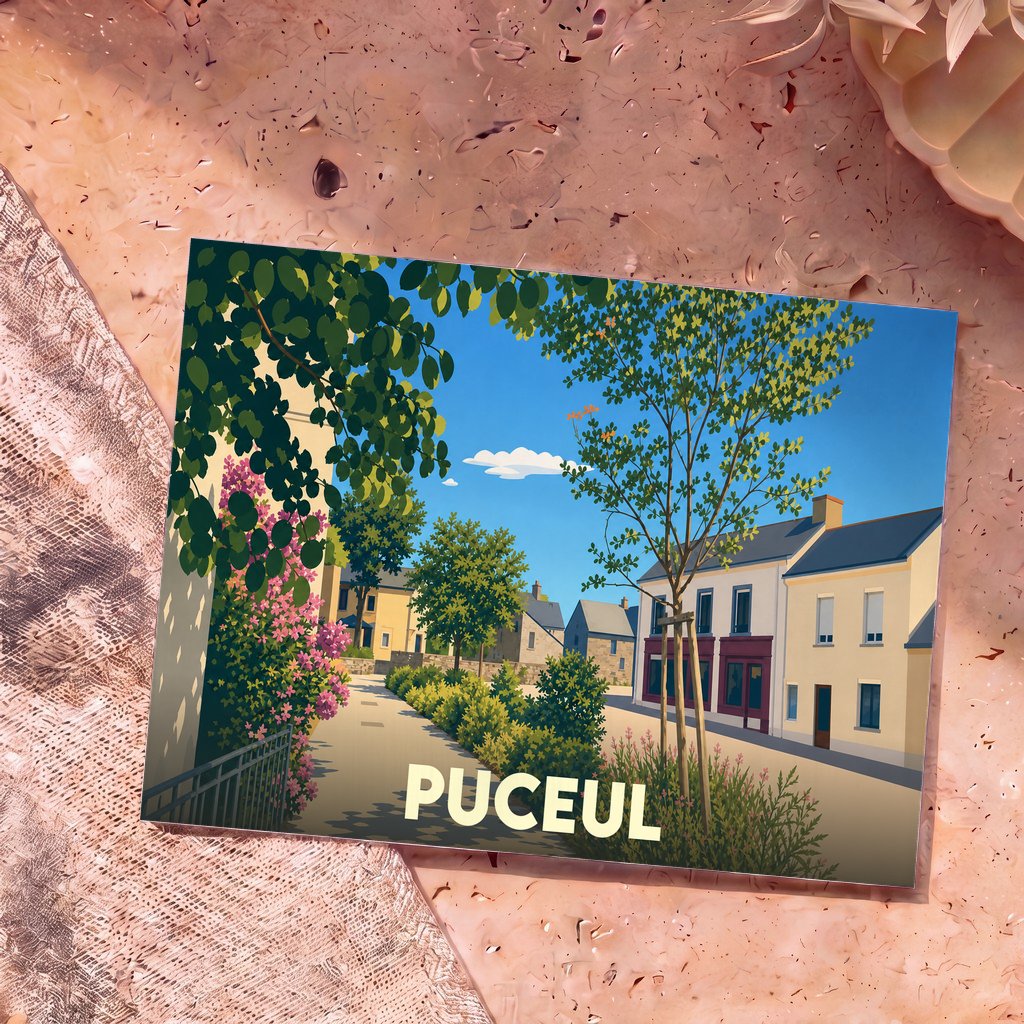 Carte postale souvenir de la ville de Puceul avec une illustration stylisée et colorée de ses rues fleuries.