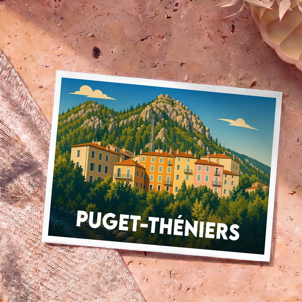 Carte postale souvenir de Puget-Théniers avec une illustration stylisée et colorée du village niché au pied des montagnes.