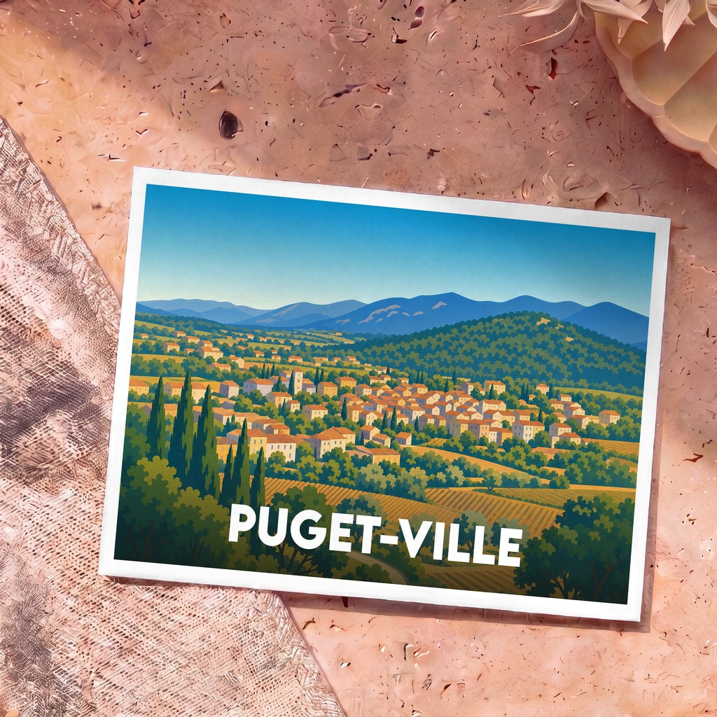 Carte postale souvenir de Puget-Ville avec une illustration stylisée d'un village provençal niché dans une vallée.