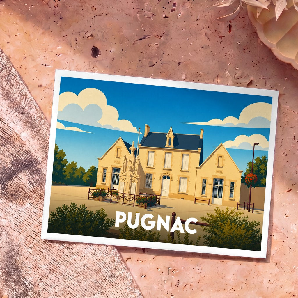 Carte postale souvenir de la ville de Pugnac avec une illustration stylisée de sa mairie.
