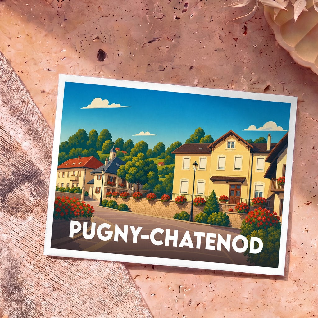Carte postale souvenir de la ville de Pugny-Chatenod avec une illustration stylisée et colorée.