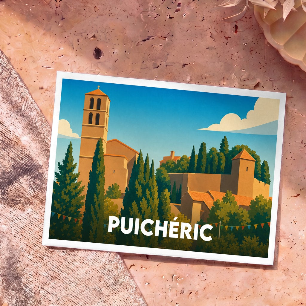 Carte postale souvenir de la ville de Puichéric avec une illustration stylisée de son église et de son château.