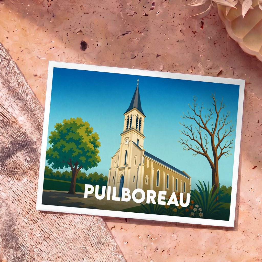 Carte postale souvenir de la ville de Puilboreau avec une illustration stylisée d'une église.