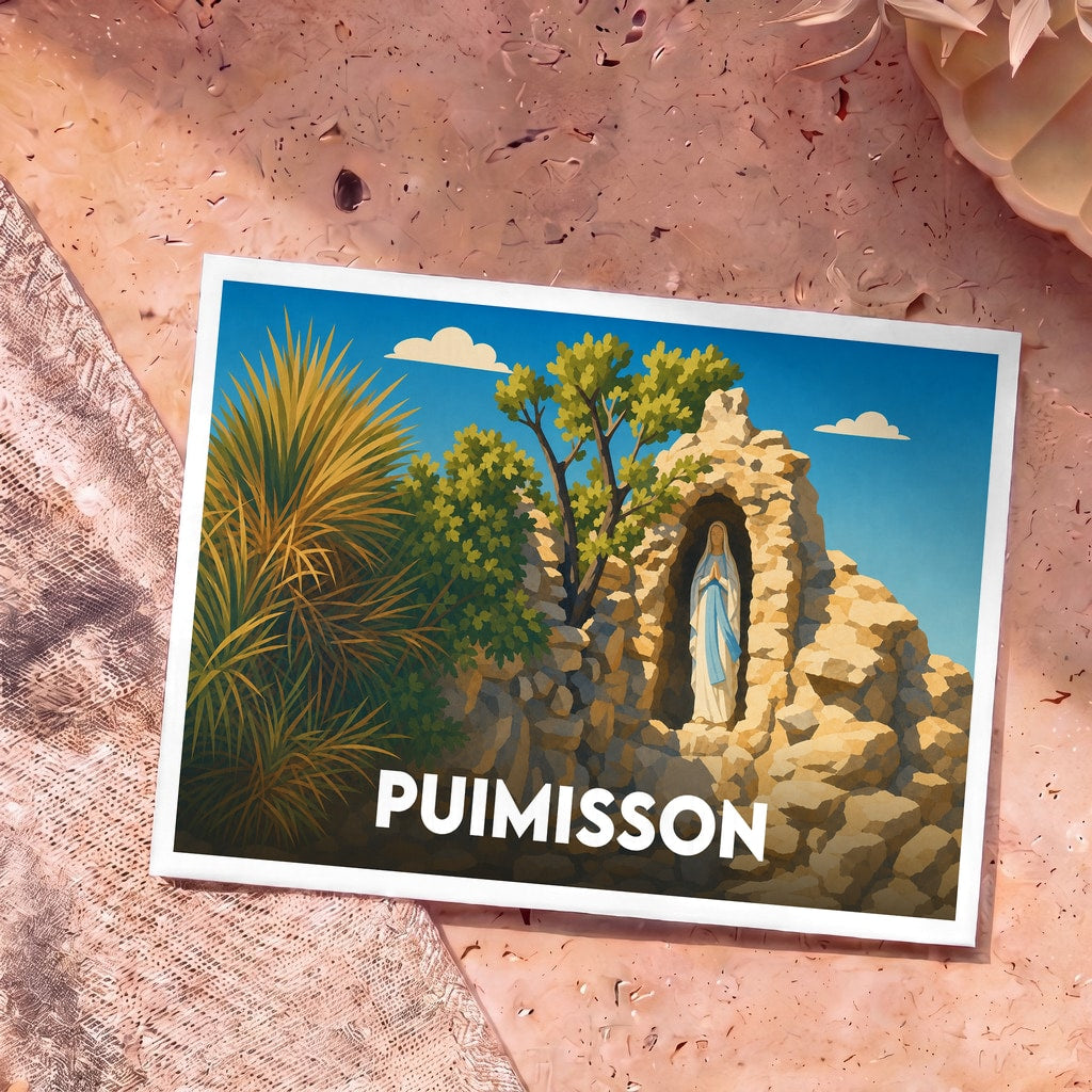 Carte postale souvenir de la ville de Puimisson représentant une illustration stylisée de la statue de la Vierge dans une grotte de pierre.