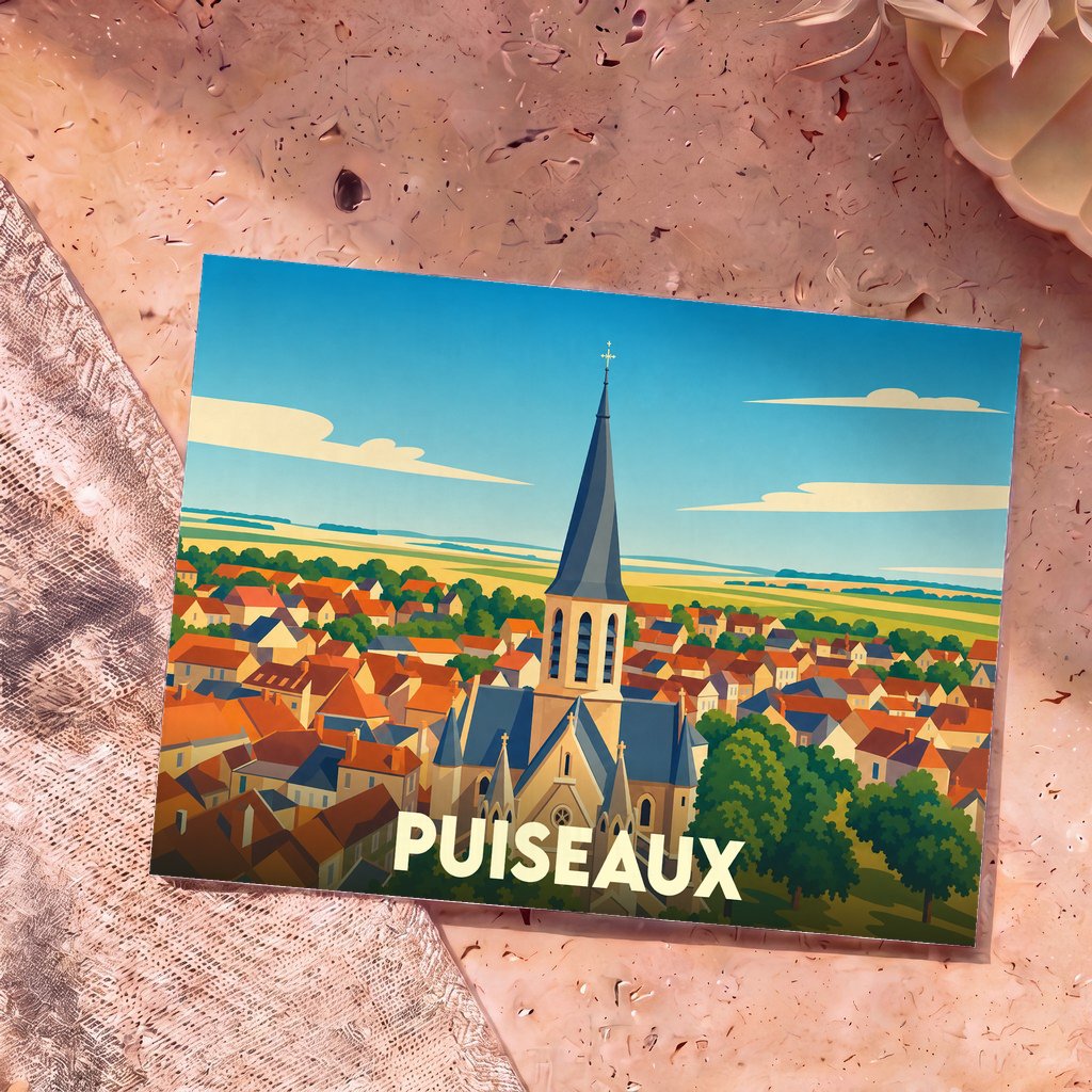 Carte postale souvenir de la ville de Puiseaux illustrant son église et ses toits colorés dans un style graphique épuré.